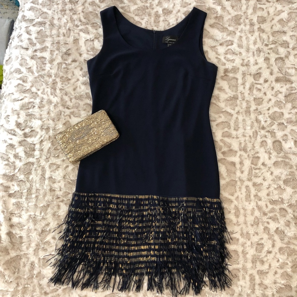 Navy & Gold Fringe Cocktail Dress